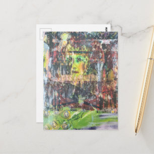 Unique colorful green vintage face mixed media postcard