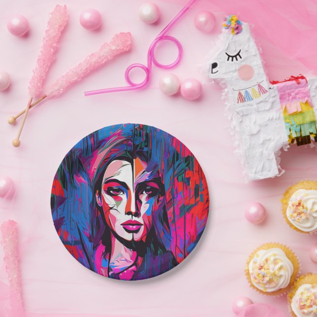 Unique Colourful Abstract Lady Face Painting Paper Plate (Party)