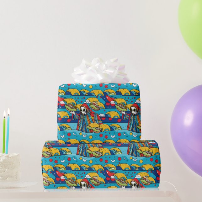 Unique Colourful Alien eating Tacos Wrapping Paper (Party Gifts)