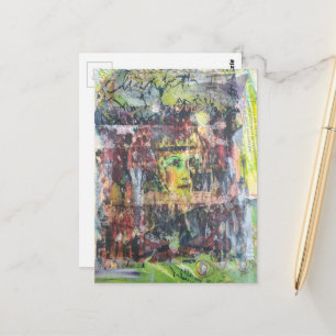 Unique colourful green vintage face mixed media postcard