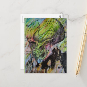 Unique colourful skull bones mixed media postcard