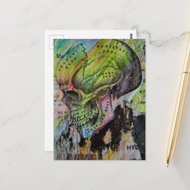 Unique colourful skull bones mixed media postcard (Front/Back In Situ)