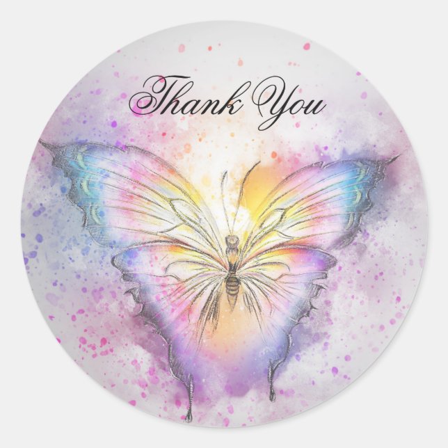 Unique Colourful Watercolor Butterfly Thank You Classic Round Sticker (Front)
