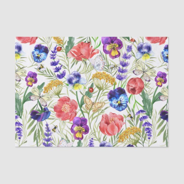 Unique Colourful Wild Field Flowers Bugs Pattern Tissue Paper (Front)