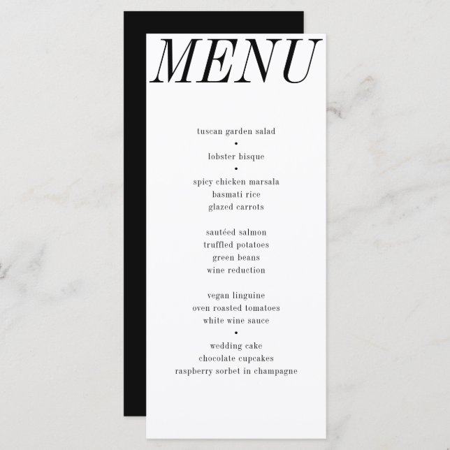 Unique Contemporary Black White Typography Wedding Menu (Front/Back)