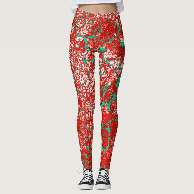 Unique Cool Pink Red Green Abstract Pattern Leggings (Front)