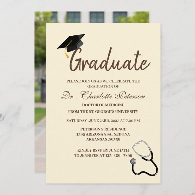 Unique Custom Photo Doctor Graduation  Invitation (Front/Back)