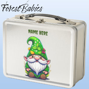Unique Cute Whimsical Garden Gnome Cartoon Graphic Metal Lunch Box