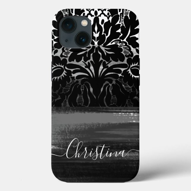 Unique Damask Black & White Artsy Brushstrokes  Case-Mate iPhone Case (Back)