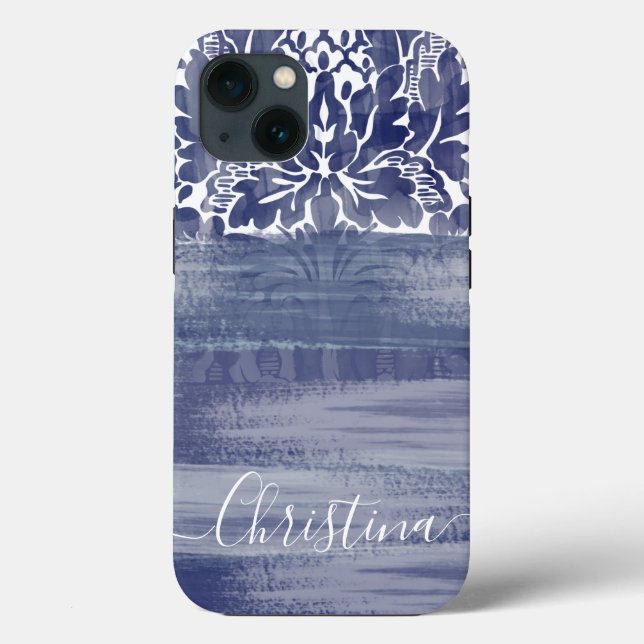 Unique Damask Blue & White Artsy Brushstrokes  Case-Mate iPhone Case (Back)