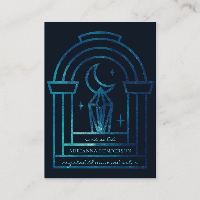 Unique Dark Blue Cosmic Crystal Moon Gem Logo Business Card (Front)