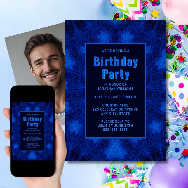 Unique Deep Blue Birthday Invitation Photo on Back (Creator Uploaded)