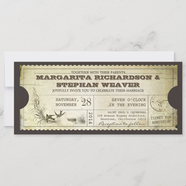 unique design vintage ticket wedding invitations (Front)