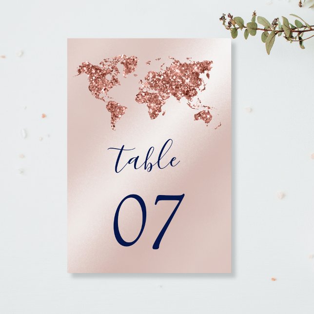 Unique Destination Wedding Rose Gold  World Map Table Number (rose gold glitter world map)