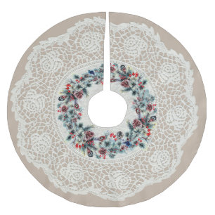 Unique "Doily" Look Winter Pine Cone Wreath Brushed Polyester Tree Skirt