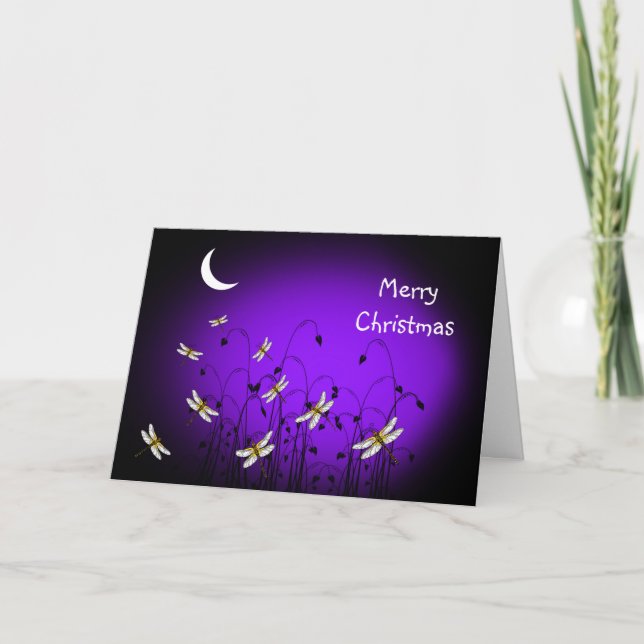 Unique Dragonflies Moon Merry Christmas Card (Front)