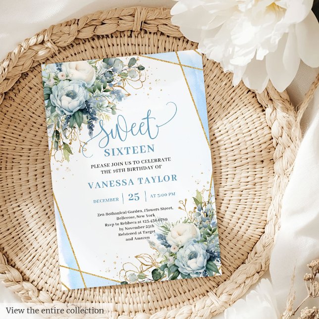Unique Dusty Blue White Gold Flowers Sweet 16  Invitation (Unique Dusty Blue White Gold Flowers Sweet 16 Invitation)