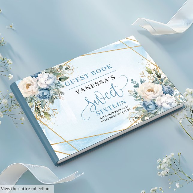 Unique Dusty Blue White Gold Flowers Sweet Sixteen Guest Book (Unique Dusty Blue White Gold Flowers Sweet Sixteen Guest Book)