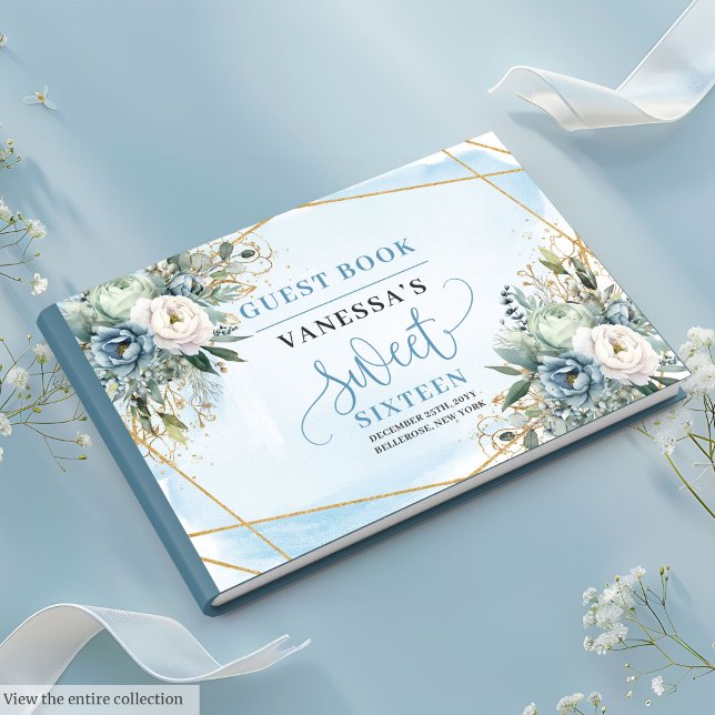 Unique Dusty Blue White Gold Flowers Sweet Sixteen Guest Book (Unique Dusty Blue White Gold Flowers Sweet 16 Guest Book)