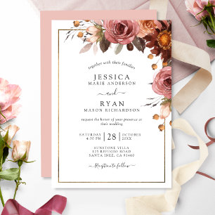 Unique Dusty Rose, Blush, Burgundy Floral Wedding Invitation