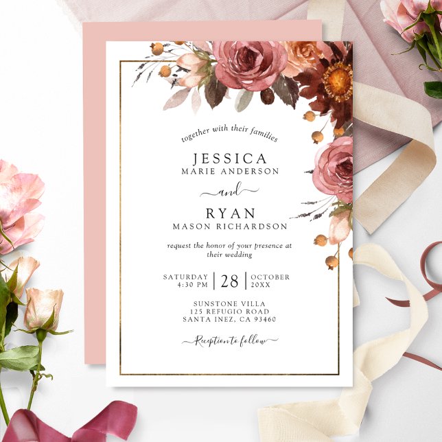 Unique Dusty Rose, Blush, Burgundy Floral Wedding Invitation (Creator Uploaded)
