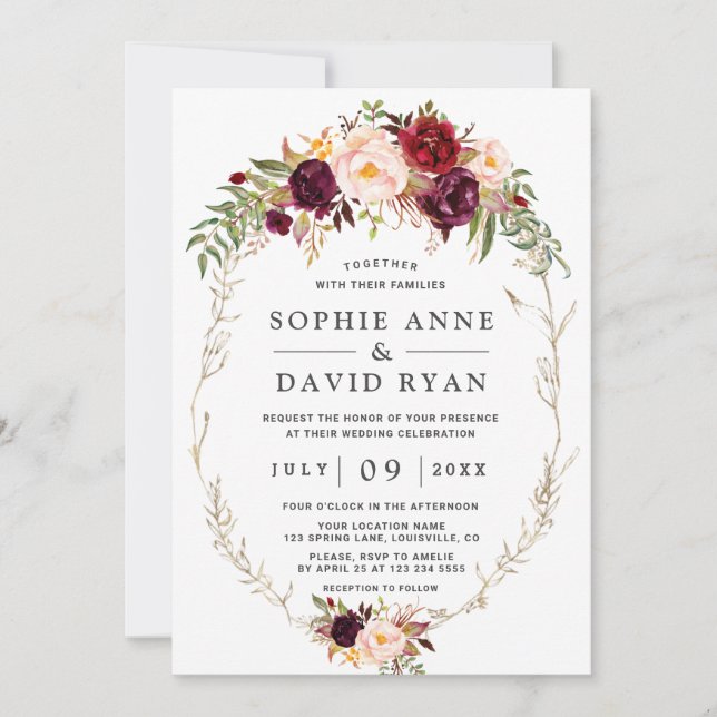 Unique Elegant Burgundy Pink Flowers Gold Wedding Invitation (Front)