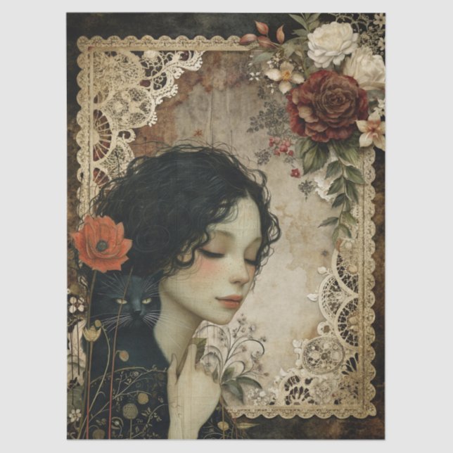 Unique Elegant Girl & Black Cat Garden Flowers Tissue Paper (Front)