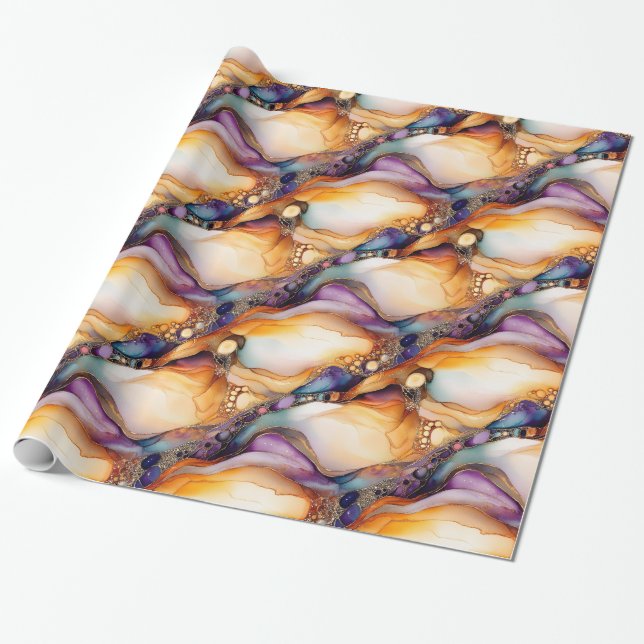 Unique Elegant Modern Abstract Ink Gold Violet Wrapping Paper (Unrolled)