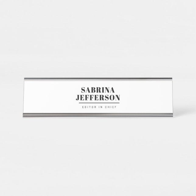 Unique Elegant Plain Simple Black White Desk Name Plate (Front)