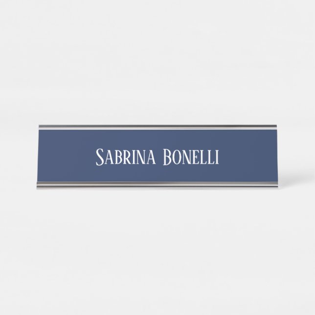 Unique Elegant Plain Simple Blue White Desk Name Plate (Front)