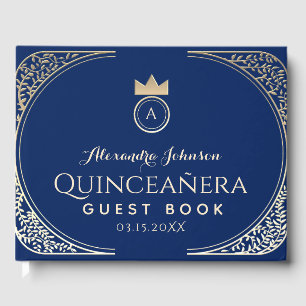 Unique Elegant Qiunceanera Royal Blue Gold Floral Guest Book