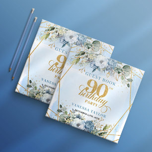 Unique Elegant Script Dusty Blue 90th Birthday  Guest Book