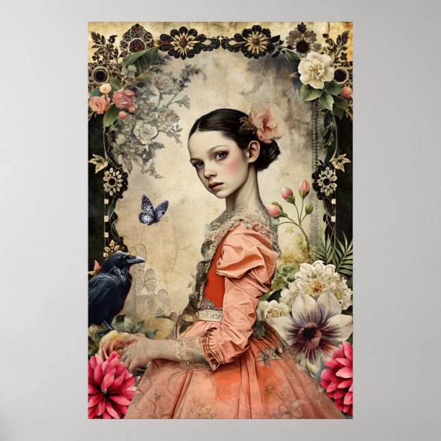 Unique Elegant Victorian Goth Girl Floral Garden Poster (Front)
