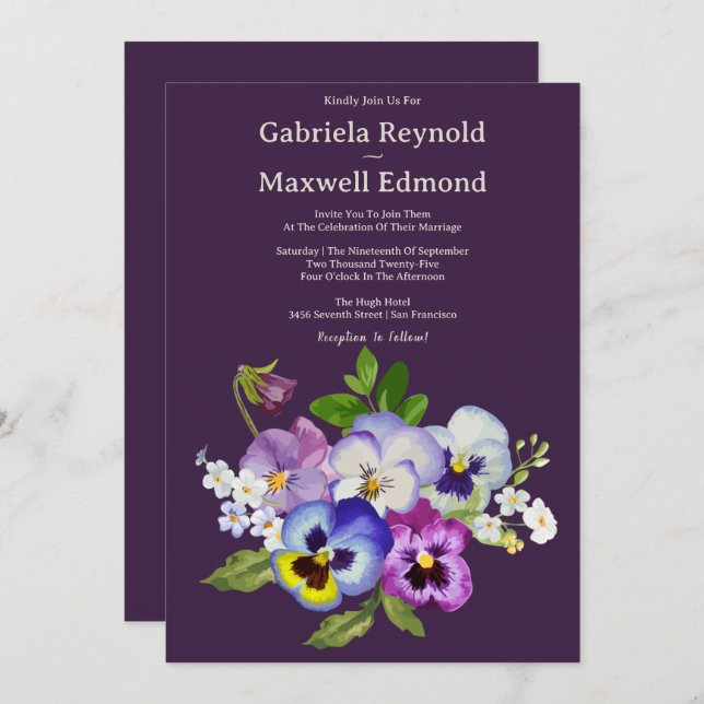 Unique Elegant Watercolour Pansy Wedding Invitation (Front/Back)