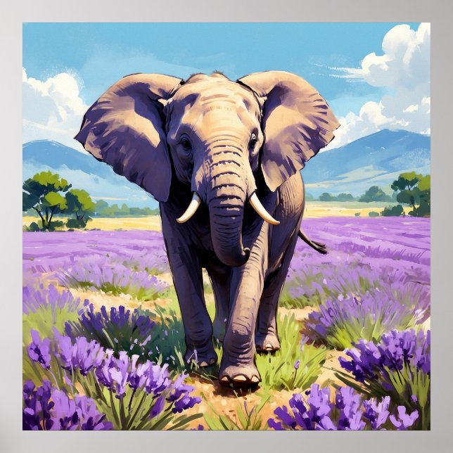 Unique Elephant Walking in Lavender Field Painting Poster (Front)