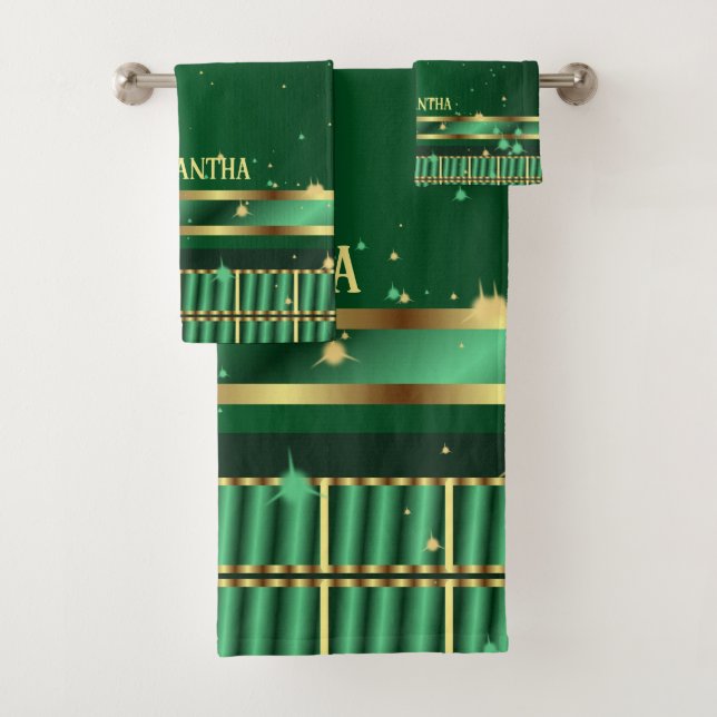 Unique Emerald Green And Gold Geometric Name Bath Towel Set (Insitu)