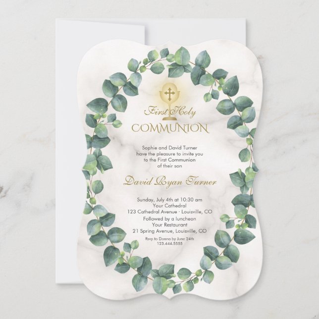 Unique Eucalyptus Wreath Gold Cross Holy Communion Invitation (Front)