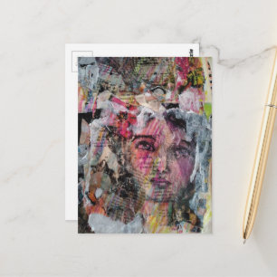 Unique face mixed media collage postcard