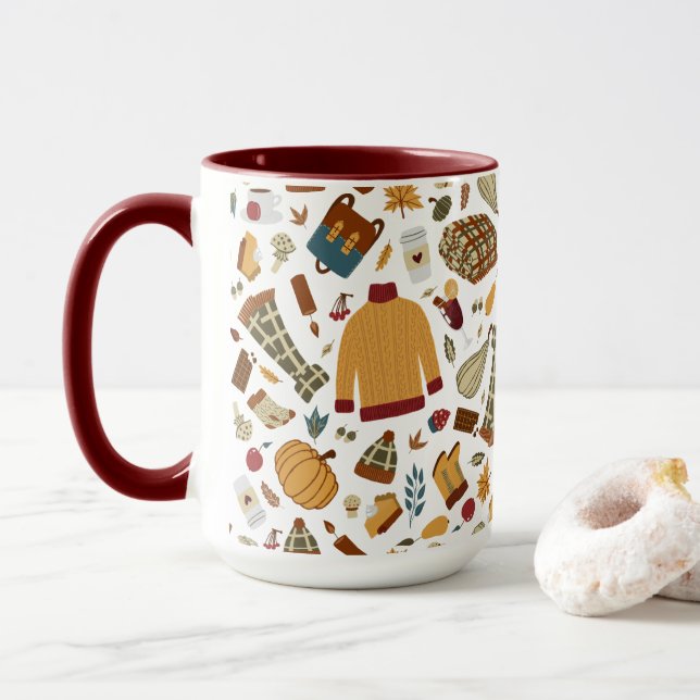 Unique Fall Leaves Autumn Pumpkins Mug (With Donut)