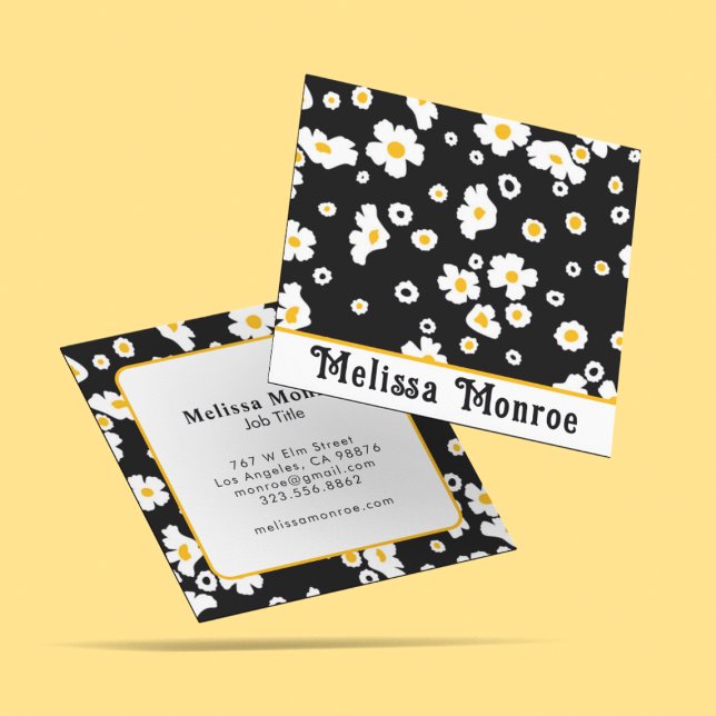 Unique Feminine Girly Yellow & White Flowers Font Square Business Card (Creator Uploaded)