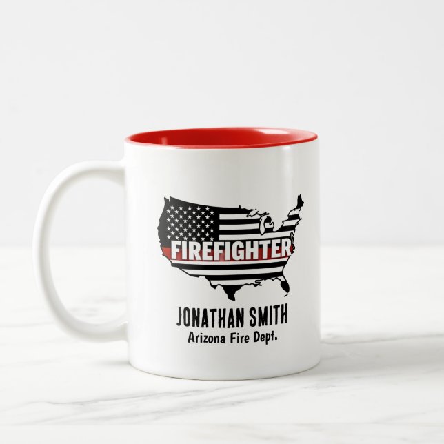 Unique Firefighter in Thin Red Line US Flag Two-Tone Coffee Mug (Left)