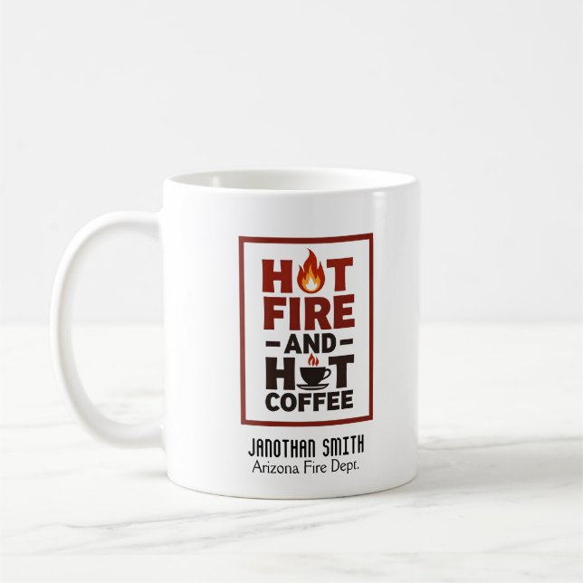 Unique Firefighter Red and Black Text Fire Icon Coffee Mug (Left)
