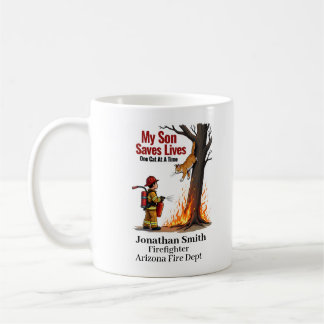 Unique Firefighter With Cat on Burning Tree Coffee Mug