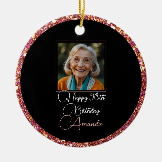 Unique Floral Glitter 90th Birthday Ceramic Ornament (Front)