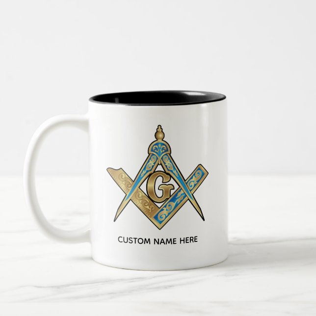 Unique Freemason Gifts | Gold Masonic Compass Two-Tone Coffee Mug (Left)
