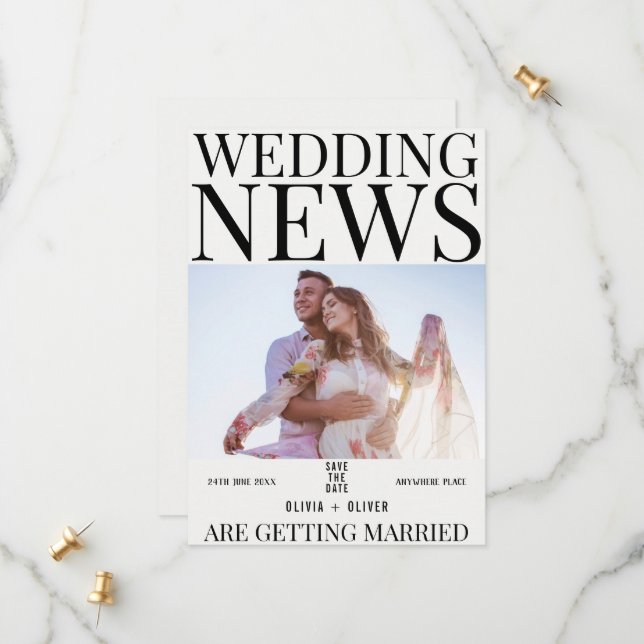 Unique fun photo newspaper wedding  save the date (Front/Back In Situ)