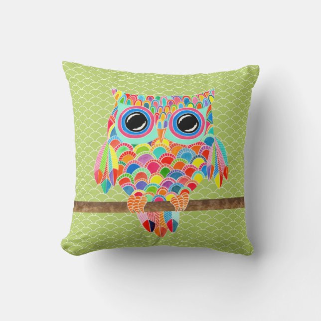 Unique Funky Modern Lime Green Owl Art Cushion (Front)