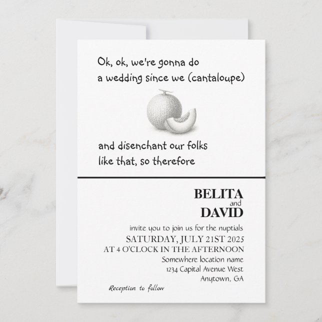 Unique, funny cantaloupe wedding invitation (Front)
