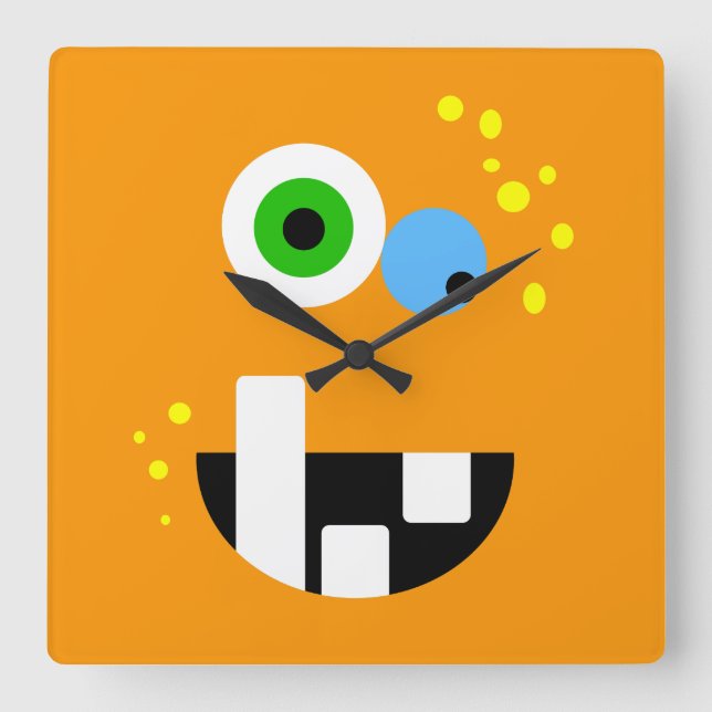 Unique Funny Crazy Oragne Monster Square Wall Clock (Front)