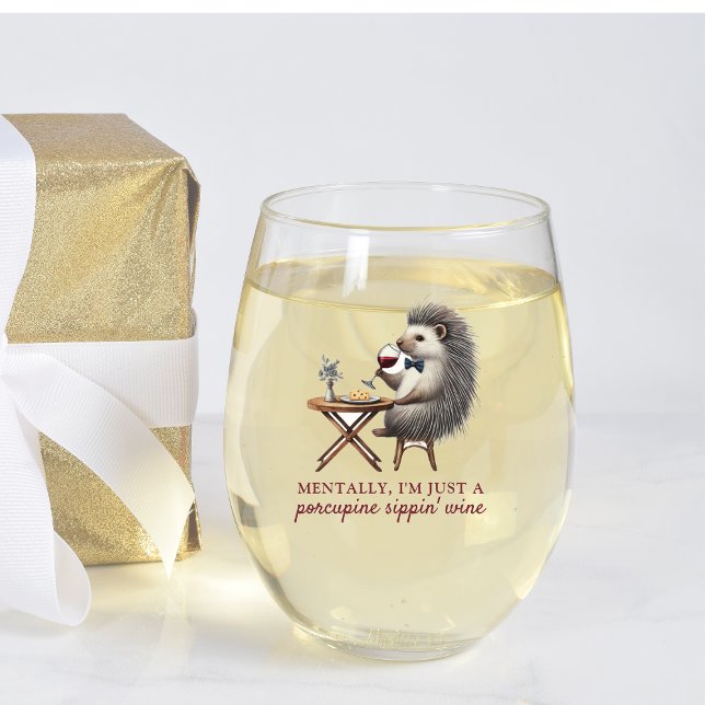 Unique Funny Cute Porcupine Bowtie Wine Lover  Stemless Wine Glass (Sip with a smile using this funny porcupine wine glass. Perfect for wine lovers with humor!)